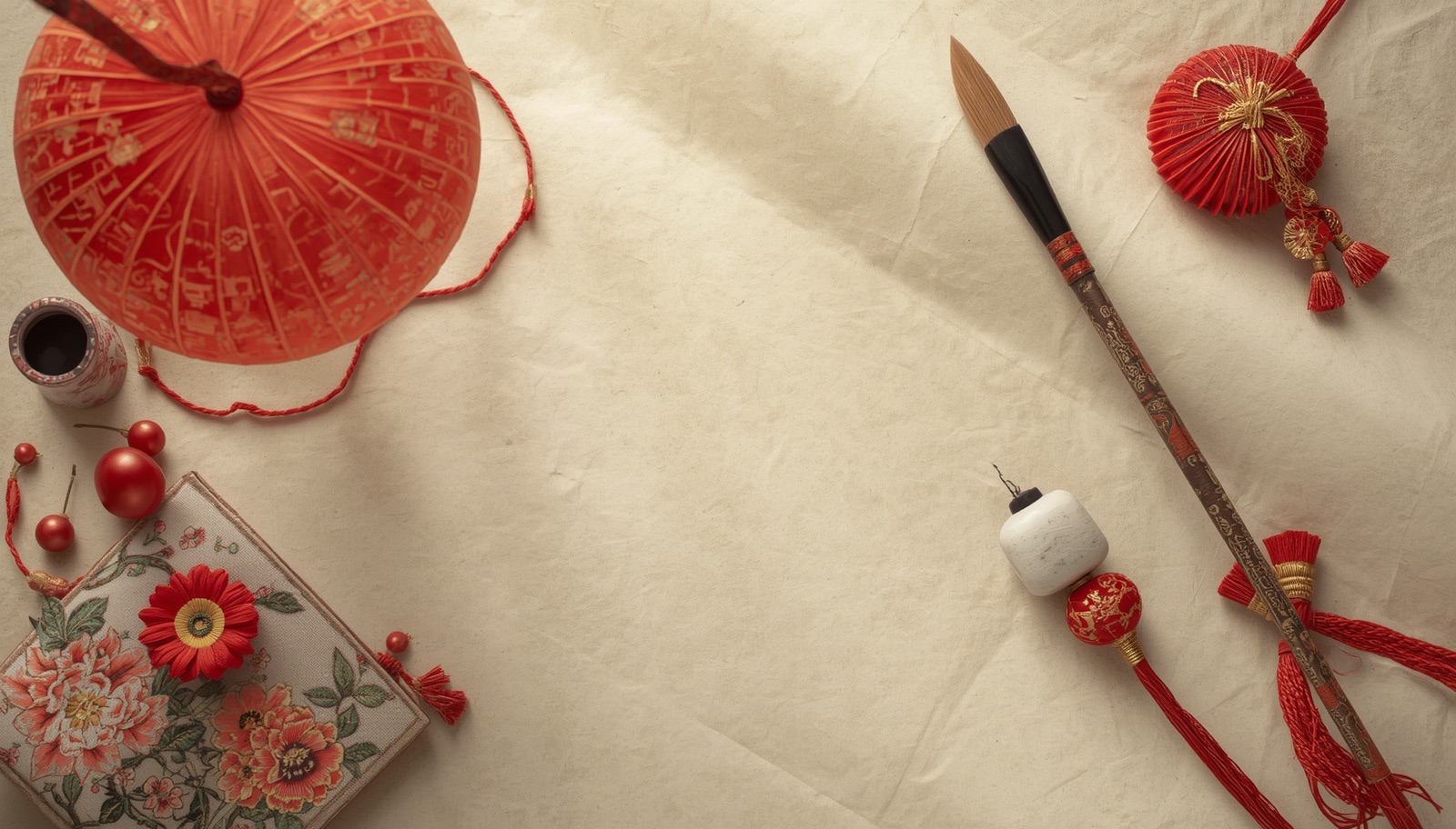 Traditional Chinese folk crafts arranged on rice paper